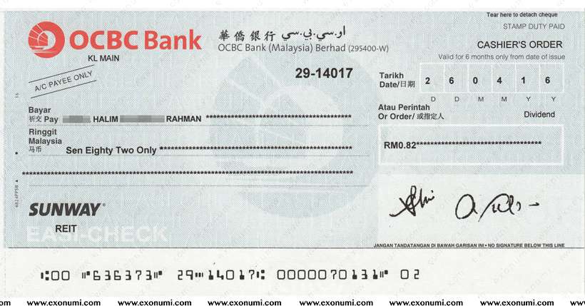 Malaysia : OCBC Bank Cashier's Order (2016) Issued for 