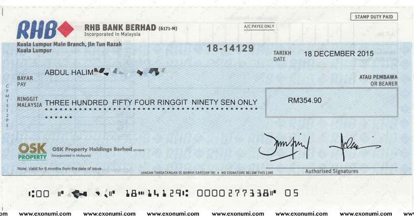 Malaysia : RHB Bank Cheque (2015) Issued for OSK Property