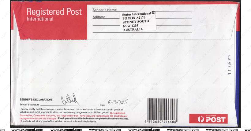 Spain - Prepaid Registered Mail from Australia (2015)